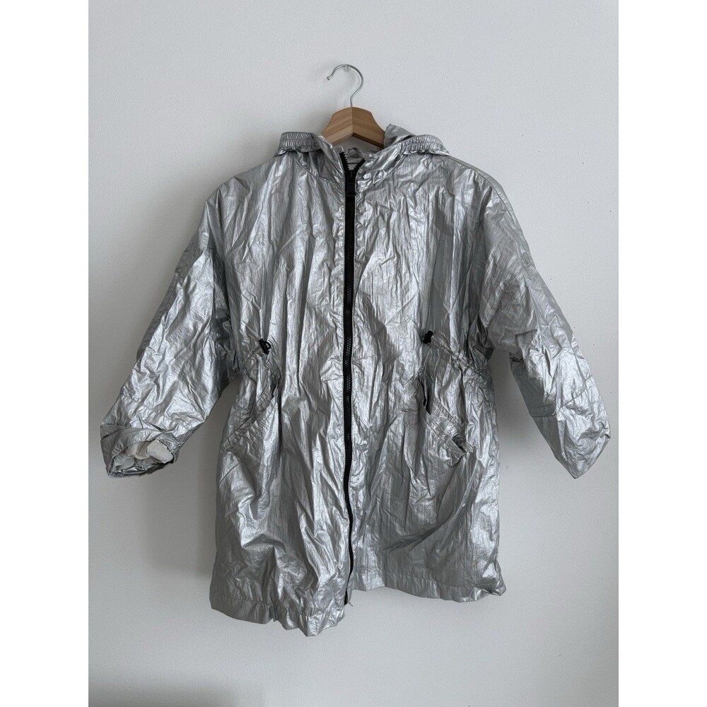 ✿ Zara Girls Silver Metallic Hooded Windbreaker Jacket Size 9 134cm